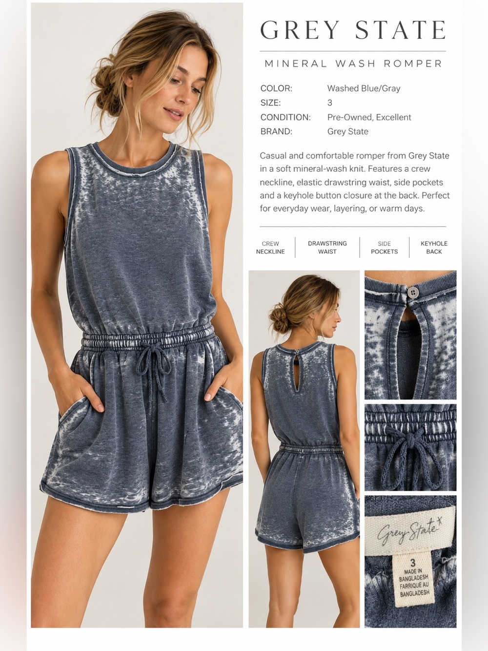 Grey State Mineral Wash Romper Gray Blue Size 3